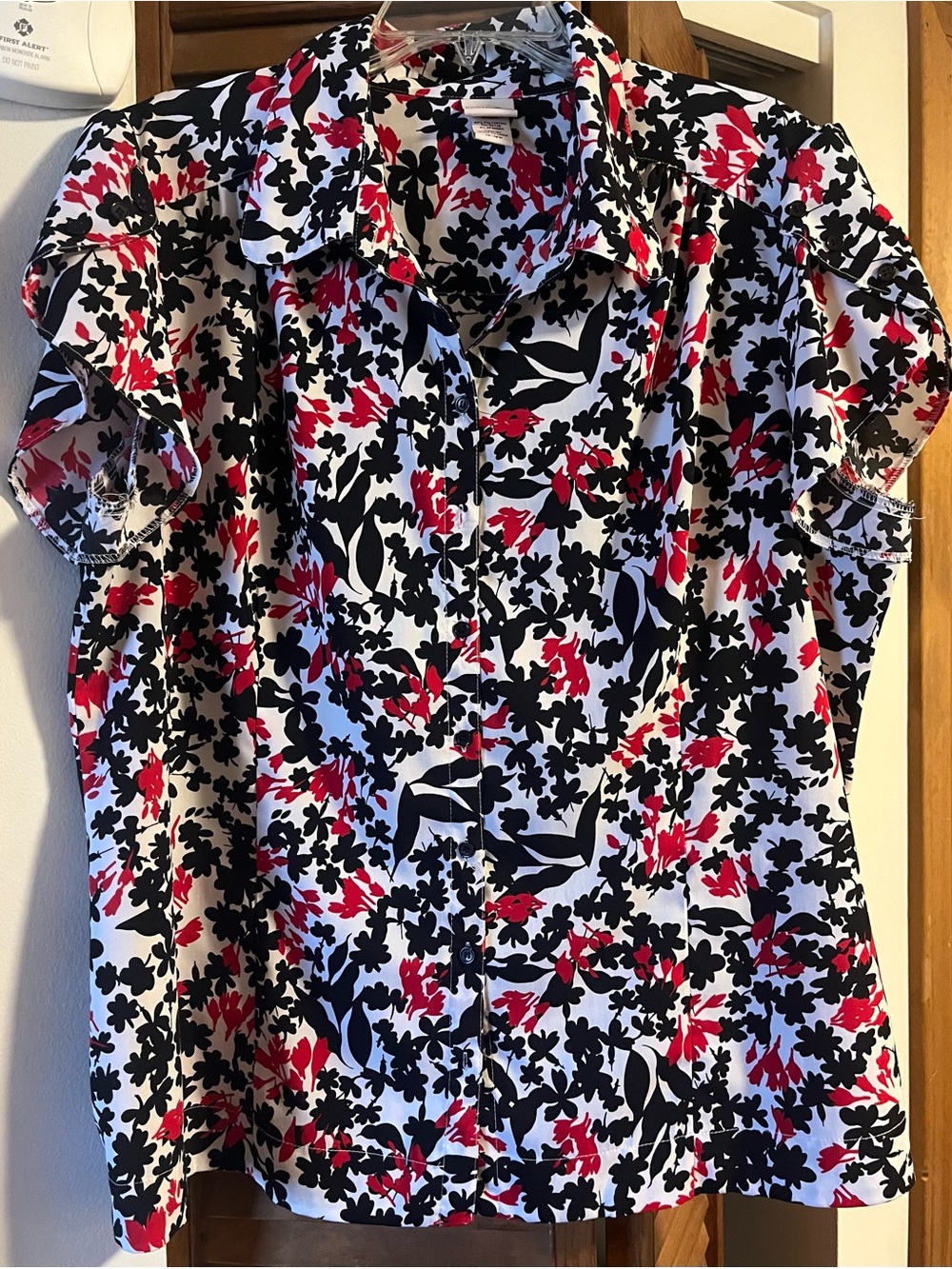 Covington Black White and Red Floral Button-Down Blouse